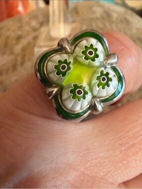 Green Clover millifiore Enamel Statement Ring -alan K,size 6 great condition, SS